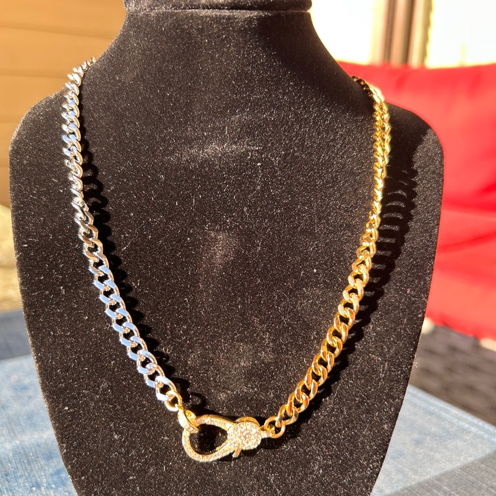 NWT Gold Silver Two Tone Stainless Steal Double Chain Necklace 16” - Picture 2 of 11